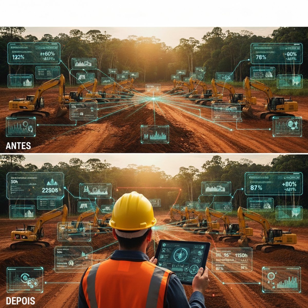 Canteiro de obras na Amazônia mostrando o antes e depois com gestão profissional de máquinas